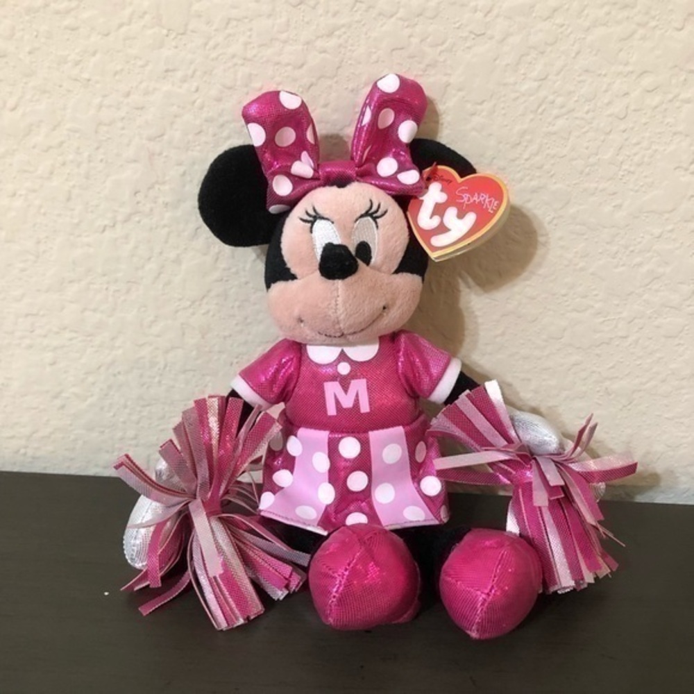 Disney Sparkle Ty Minnie Mouse Plush Pink White Cheerleader Stuffed Animal NWT